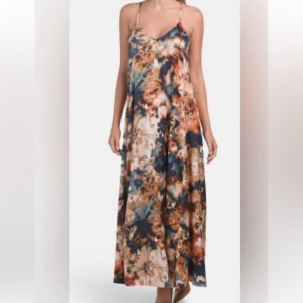 Nicole Miller Artsy Floral Print Maxi Dress Satin Vneck Halter Blue